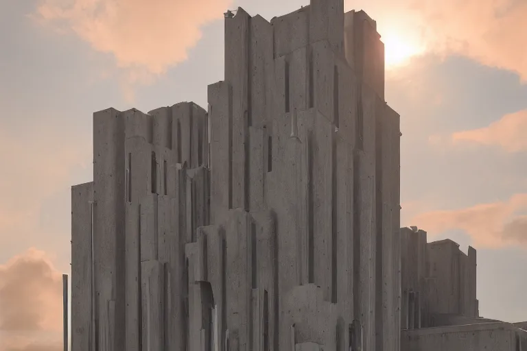 Prompt: an extremely detailed cathedral of brutalist architecture, stunning volumetric light, sunset, metal, concrete and translucent material, stunning skied, 8k, by Greg Rutkowski