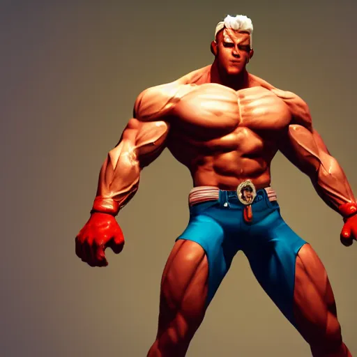 Image similar to Cammy, Man, handsome, muscular, sharp focus, colorful, photograph, octane render