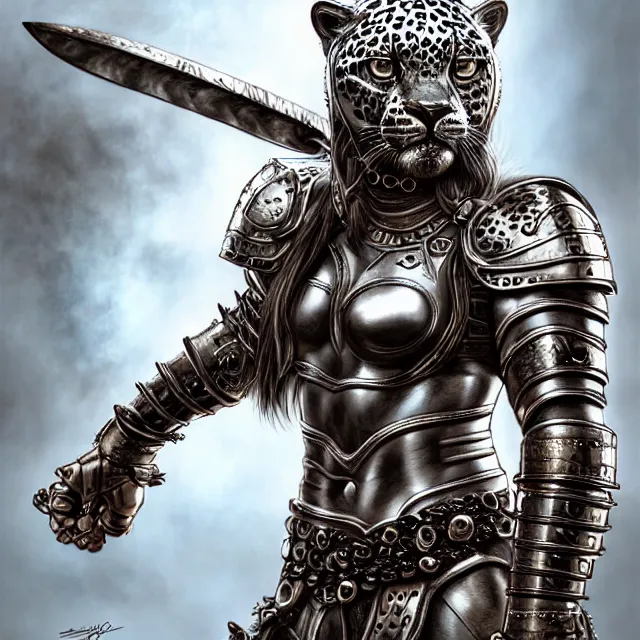 Image similar to warrior with metal jaguar armour, highly detailed, 4 k, hdr, smooth, sharp focus, high resolution, award - winning photo, artgerm, photorealistic