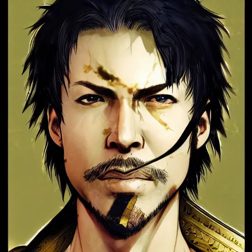 Image similar to portrait of a hero holding his sword in front of his face by yoji shinkawa, high quality, extra details, realism, ornate, colored, golden chain, blood, white skin, short hair, brown eyes, vivid, sunlight, dynamic,