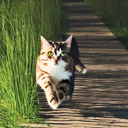 Prompt: super highly realistic cat running to the shadows of a tree in the nature