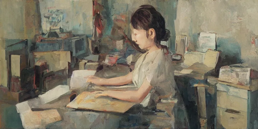 Prompt: Oil on canvas low angle of a Korean girl playing a recorder with her nose. Sitting at her computer desk. In the style of The Grand Budapest Hotel (2014)