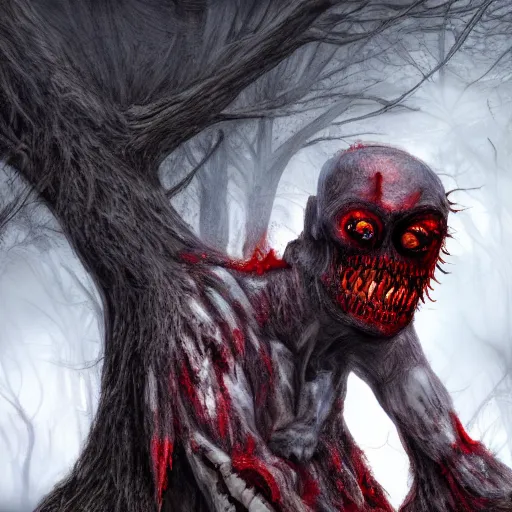 Image similar to A realistic detailed photo of a creepy demon, red eyes, dead trees, detailed body, teeth filled with cavities, foggy landscape, creepy, light particles, detailed light, realistic shaders, trending on artisation, detailed textures, detailed, realistic.