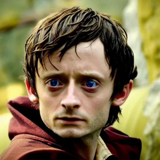 Image similar to Film Still of a elijah wood playing Harry Potter, Film Still, realistic, hyperrealistic, very realistic, very very realistic, highly detailed, very detailed, extremely detailed, detailed, detailed face, very detailed face, very detailed face, realism, HD Quality, 8k resolution, intricate details, body and head in frame, Real Life