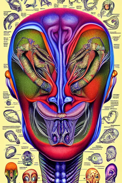 Prompt: psychedelic anatomically accurate diagram of alien animal, intricate parts, fine details, hyper realistic, by seichen, surreal