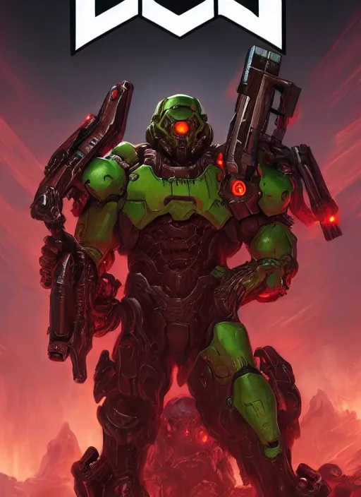 Image similar to ( doom ) cover featuring doom slayer!! by kenneth scott, artstation, vivid gaze