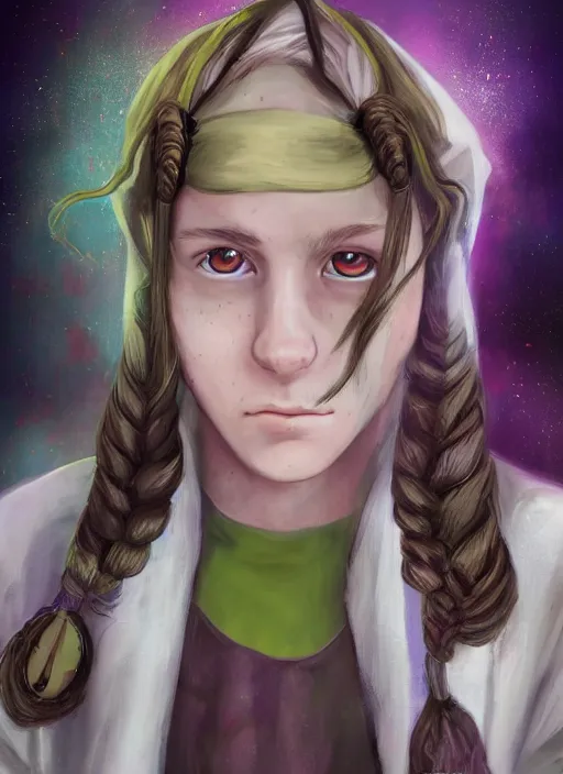 Prompt: An epic fantasy comic book style portrait painting of a mysterious ethereal young feminine green-eyed boy, expressive, angry expression, fair skin, long brown hair worn in two pigtails, his left pigtail is shorter than his right pigtail, he wears a yellow hoodie with a grey undershirt, unreal 5, DAZ, hyperrealistic, octane render, cosplay, RPG portrait, dynamic lighting