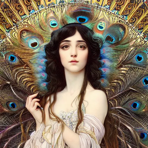 Prompt: highly detailed portrait of a beautiful cute girl with peacock feathers, endless black hair, with pale skin, fibonacci, fragile, sitted on an intricate stone throne by alphonse mucha, ayami kojima, yoshitaka amano, charlie bowater, karol bak, greg hildebrandt, jean delville, and mark brooks, 4 k resolution