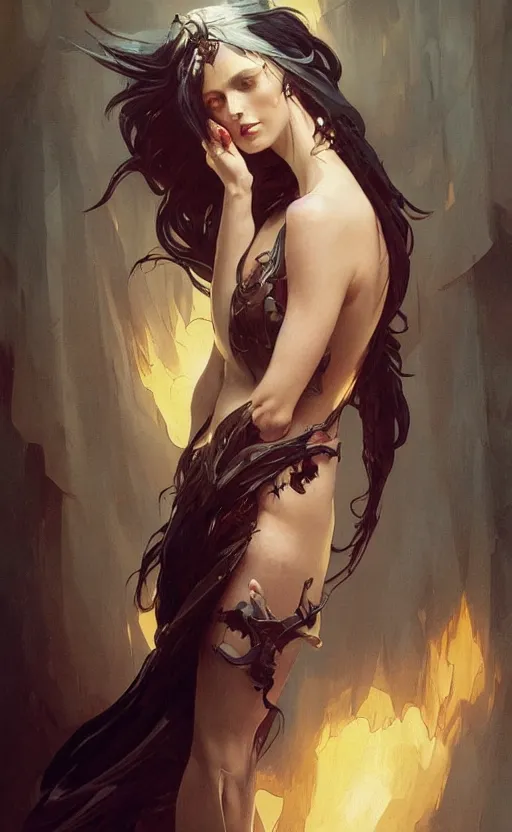 Image similar to a beautiful painting of a dark death goddess, face, full body, by greg rutkowski and artgerm and alphonse mucha, trending on artstation