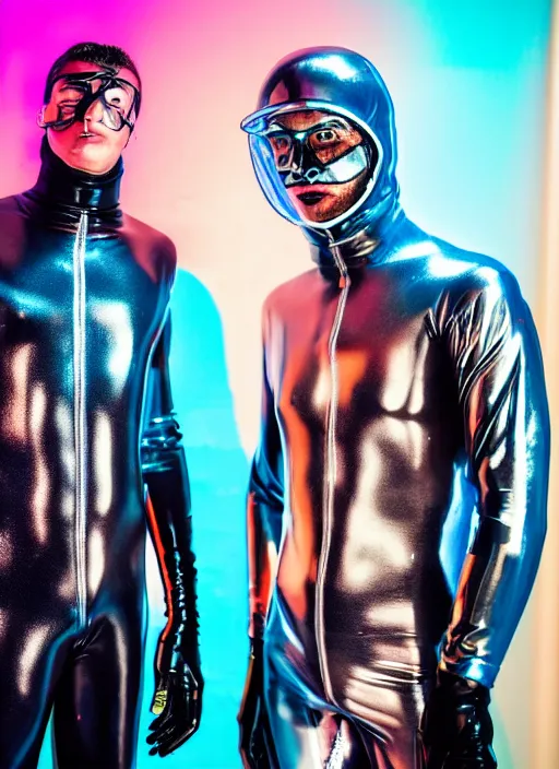 Prompt: a close-up of two cyberpunk model men with black eyes and visible faces wearing latex catsuit and lots of transparent and cellophane accessories, blue hour, twilight, cool, portrait, Kodachrome, ISO1200,