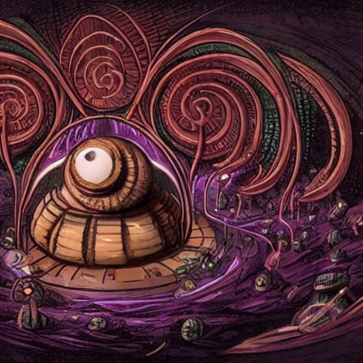 Image similar to a spherical eldritch horror with multiple eyestalks and a large central eye floating in the air above a fantasy medieval city in the style of a beholder from dungeons and dragons