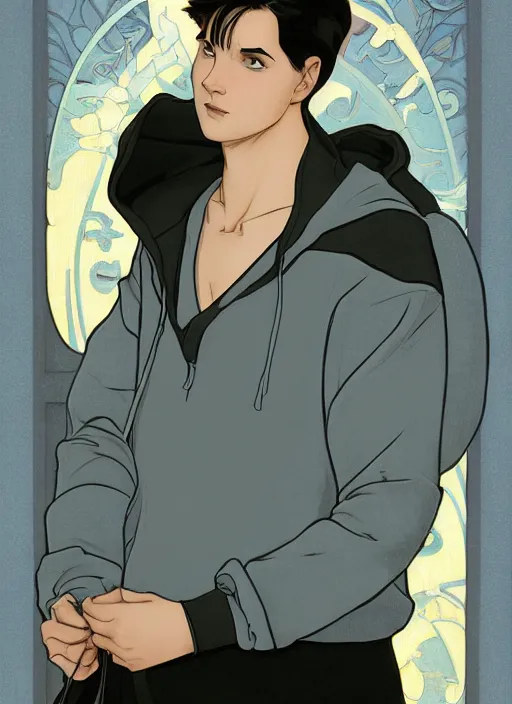 Image similar to well - lit art nouveau portrait of a young man with short black hair, light blue eyes, pale skin, serious expression, jeans and a black hoodie, natural lighting, path traced, highly detailed, high quality, cartoon, digital painting, by don bluth and ross tran and studio ghibli and alphonse mucha