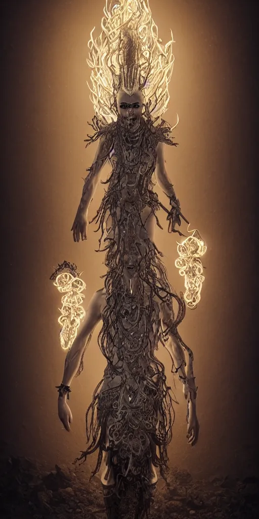 Image similar to centered full body and head , spiked black hair character design of realistic asian Sumerian Death Goddess ivory skin runic icons + mystical symbols, with small bleached bones covering vest and flowing electricity and smoke , fantasy, intricate, elegant, highly detailed , peter mordenbacher,Mike Winkelmann, ultra realistic, intricate, epic lighting, 8k , unreal engine 5, ultraviolet colors