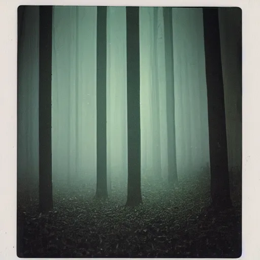 Image similar to concrete structure in a forest clearing at night, foggy, minimalistic architecture, dark, surreal, open space, light art, james turrel, old polaroid, expired film,