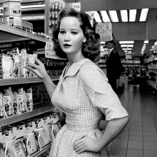 Image similar to jennifer lawrence in a grocery store in the 1950's, high quality, hyper realistic,