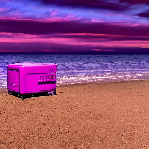 Image similar to purple refrigerator on red beach with nebula sunset