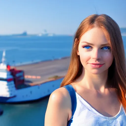 Prompt: beautiful woman with blue eyes faces camera. maritime harbour background. blues