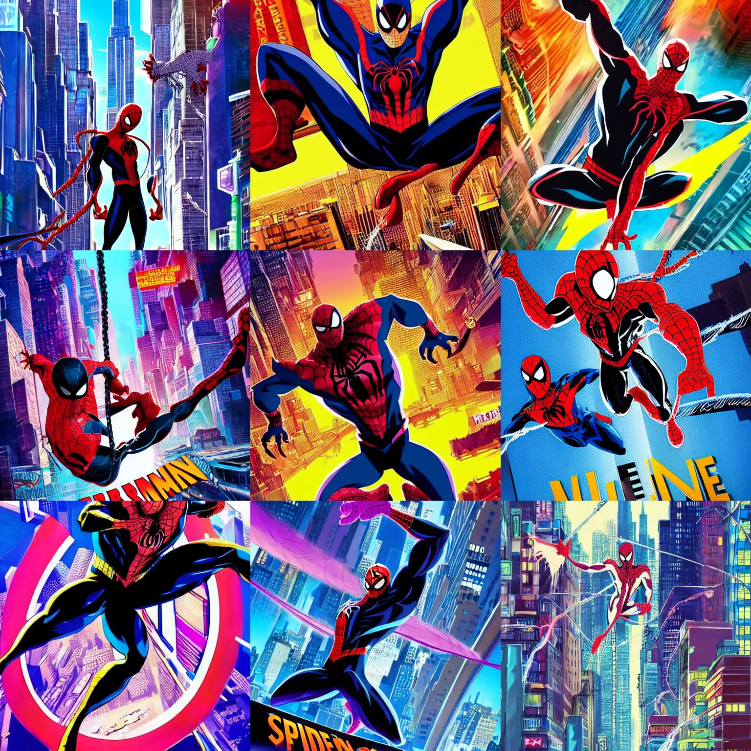 Prompt: anime key visual concept art of, marvel venom swinging across, new york city, in spider - man into the spider - verse ( 2 0 1 8 ) film, golden rays, by alberto mielgo, 6 0's french movie poster, vivid colors, anaglyph, dynamic composition