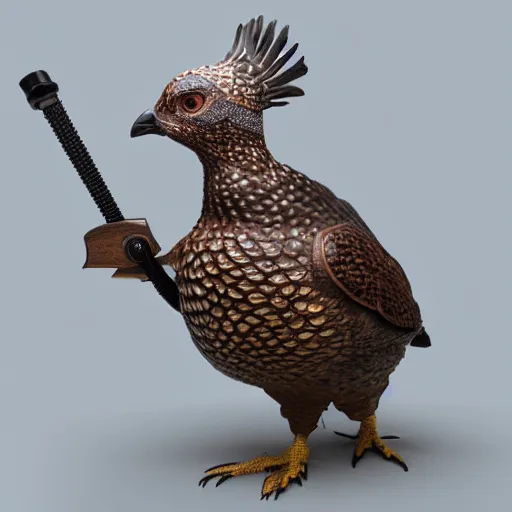 Image similar to a 3 d model of a grouse holding a blunderbuss, studio lighting, octane render, hyper detailed, product photography, 8 k, highly detailed