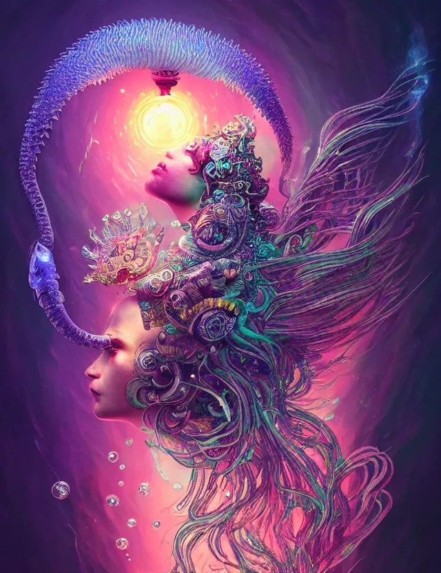 Image similar to goddess macro shouler portrait from bottom to top in crown made of ram skull. betta fish, jellyfish phoenix, bioluminiscent, plasma, ice, water, wind, creature, super intricate ornaments artwork by tooth wu and wlop and alena aenami and greg rutkowski