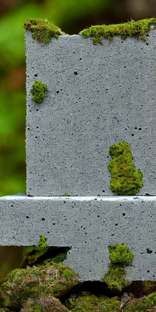 Image similar to a cast block of concrete. The block is centered in the frame and on a white background. The block is highly eroded. Moss is growing in the eroded crevices.