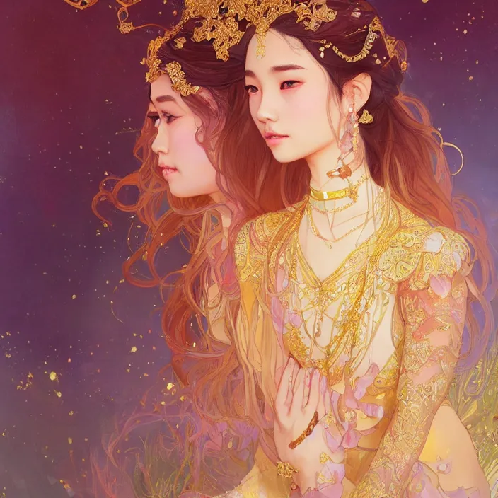 Prompt: asian princess with sparkling eyes, full body portrait, highly detailed, gold filigree, fantasy, soft cinematic lighting, award, disney concept art, watercolor illustration by mandy jurgens and alphonse mucha and alena aenami, pastel color palette, featured on artstation