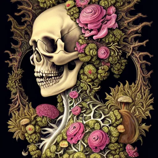 Image similar to a beautiful detailed front view rococo portrait of a rotten woman corpse becoming almost a skull with fractal plants and fractal flowers and mushrooms growing around, intricate, ornate, volumetric light, beautiful lit, beetlejuice