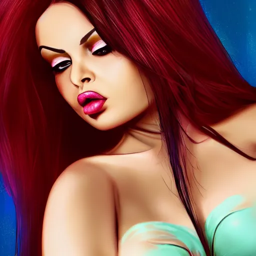 Image similar to portait of haifa wehbe, concept art, perfect lips, licking lollipop tongue, long hair centred, hd, very detailed curve, digital painting, unreal engine, amazing blue background theme