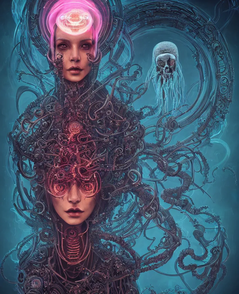 Image similar to queen of death. intricate portrait, occult cyberpunk, ancient futuristic, dark art, occult. intricate biomechanical, bioluminescent halo around head, mandala ornament, cybernetic glowing jellyfish, tentacles, by Petros Afshar, by artgerm, by Eddie Mendoza, by Peter mohrbacher by tooth wu, unreal engine, octane render, cinematic light, high details, iridescent colors