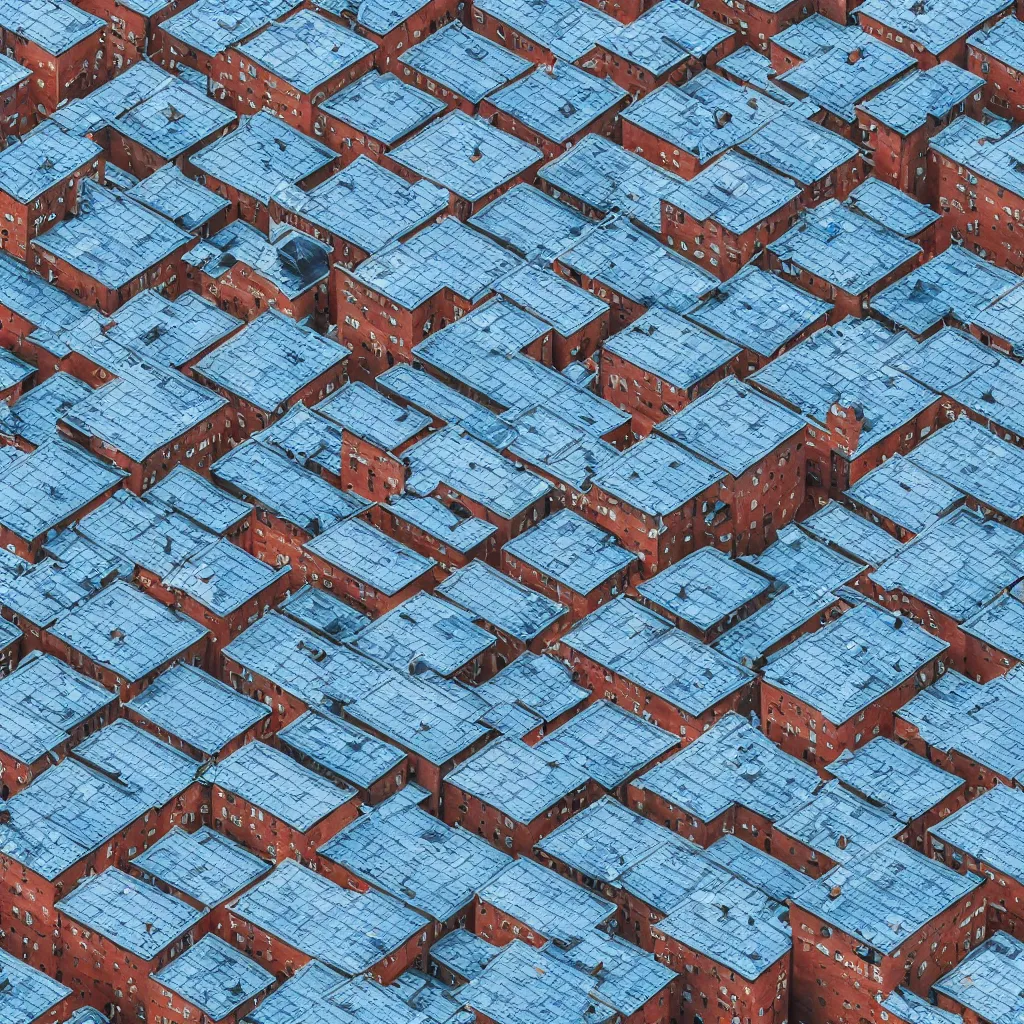 Image similar to photorealistic bird's eye view of single blue rooftop building, seamless texture of bricks on top of roof, 8k