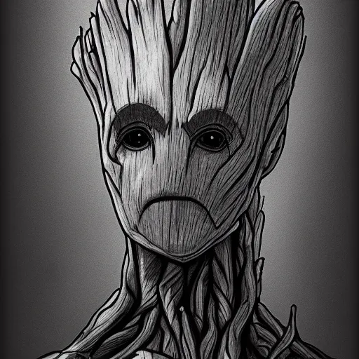 Prompt: groot baby ghost dark cyber scifi ambiance drawing