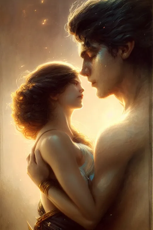 Prompt: portrait of a beautiful young woman and man teen looking to each other hugging, high detail, partially in shadow, dark fantasy, sci - fi vibe, face, by gaston bussiere, bayard wu, greg rutkowski, auguste bourotte, bastien deharme, masterpiece, sharp focus, cinematic lightning