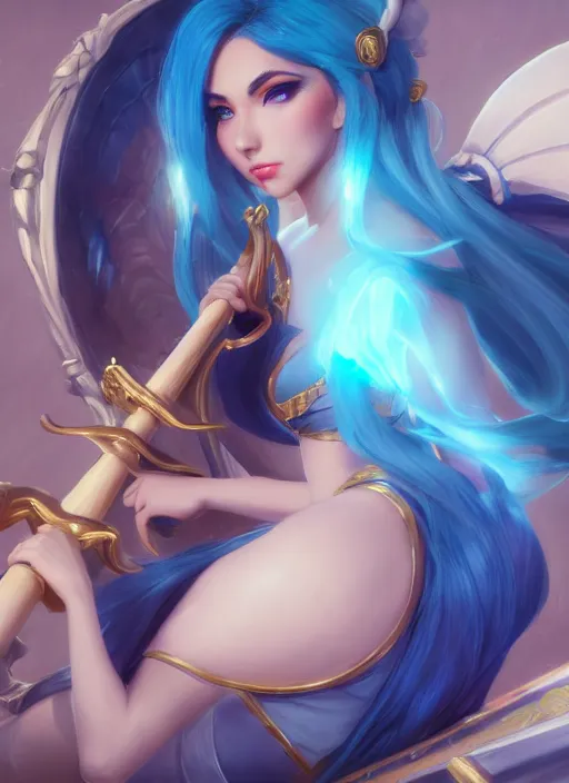 Image similar to sophisticated sona, from league of legends, with an harp, light blue hair, hyper detailed, digital art, trending in artstation, cinematic lighting, pawg, studio quality, smooth render, unreal engine 5 rendered, octane rendered, art style by klimt and nixeu and ian sprigger and wlop and krenz cushart