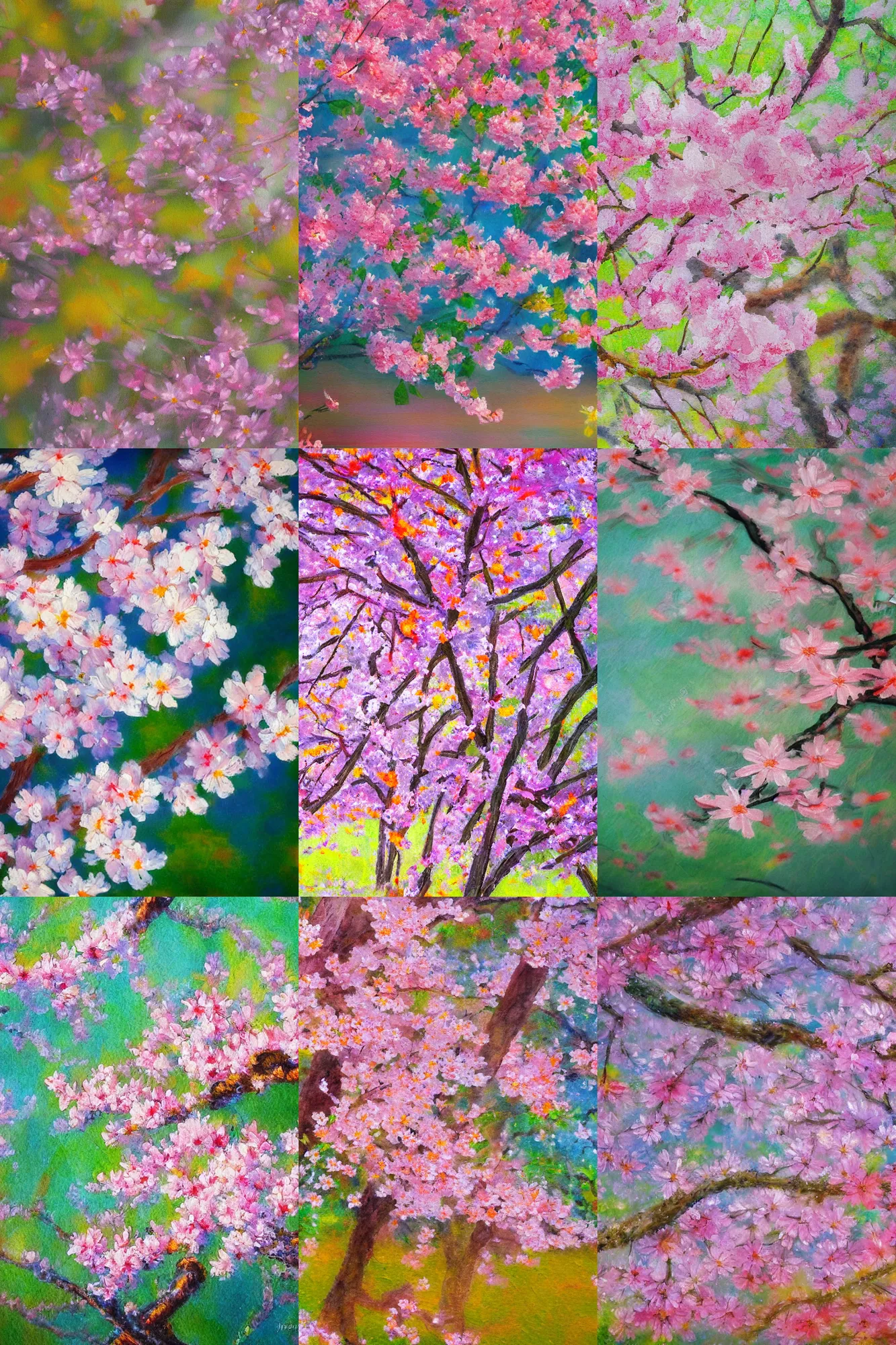 Image similar to Hanami flowers in impressionism style, close up painting