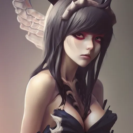 Image similar to a beautiful anime girl wtih demon horns and Skeleton wings,full body painting,by Greg Rutkowski and Ilya Kuvshinov and Christian angel,super clear detailed,hyper realistic,trending on artstation,4k