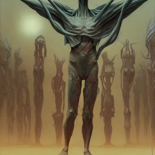 Prompt: A roomfull of Aliens wearing human clothes, psychedelic art, demonic, fullbody, artstation, concept art, dramatic, smooth, sharp focus, illustration, art by greg rutkowski and orientalism and bouguereau and Zdzislaw Beksinski, good clear quality, lighting, biology, symmetrical artwork, perfect face, 135 mm, cinematic, hyper realism, high detail, octane render, 8k, chrome accents