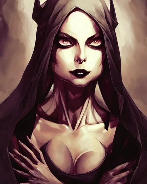 Image similar to style of jesper ejsing : : gorgeous willa holland : : evil witch, swirling black magic, black dress : : symmetrical face, symmetrical eyes : : full body pose : : gorgeous black hair : : magic lighting, low spacial lighting : :