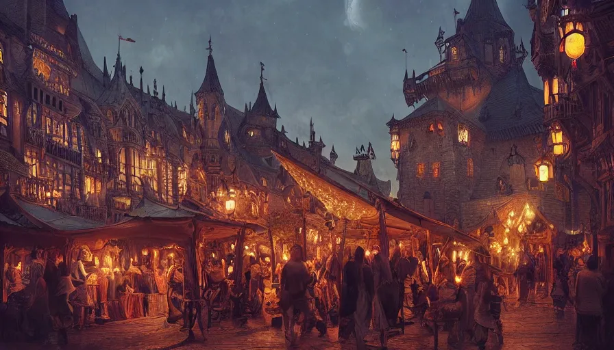 Prompt: medieval city festival near lake at night, beautiful lit lamps, 8 k highly detailed art, intricate, stanley lau, artgerm, artstation, smooth, far shot, wlop, alphonse mucha, cinematic shot, cinematic lighting