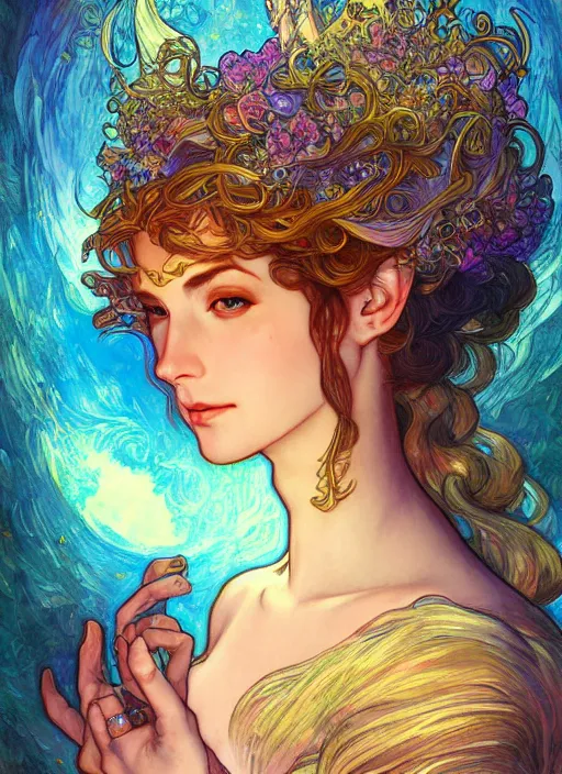 Image similar to Elune, Goddess of the Moon, ambient lighting, 4k, josephine wall, alphonse mucha, lois van baarle, ilya kuvshinov, rossdraws, artstation