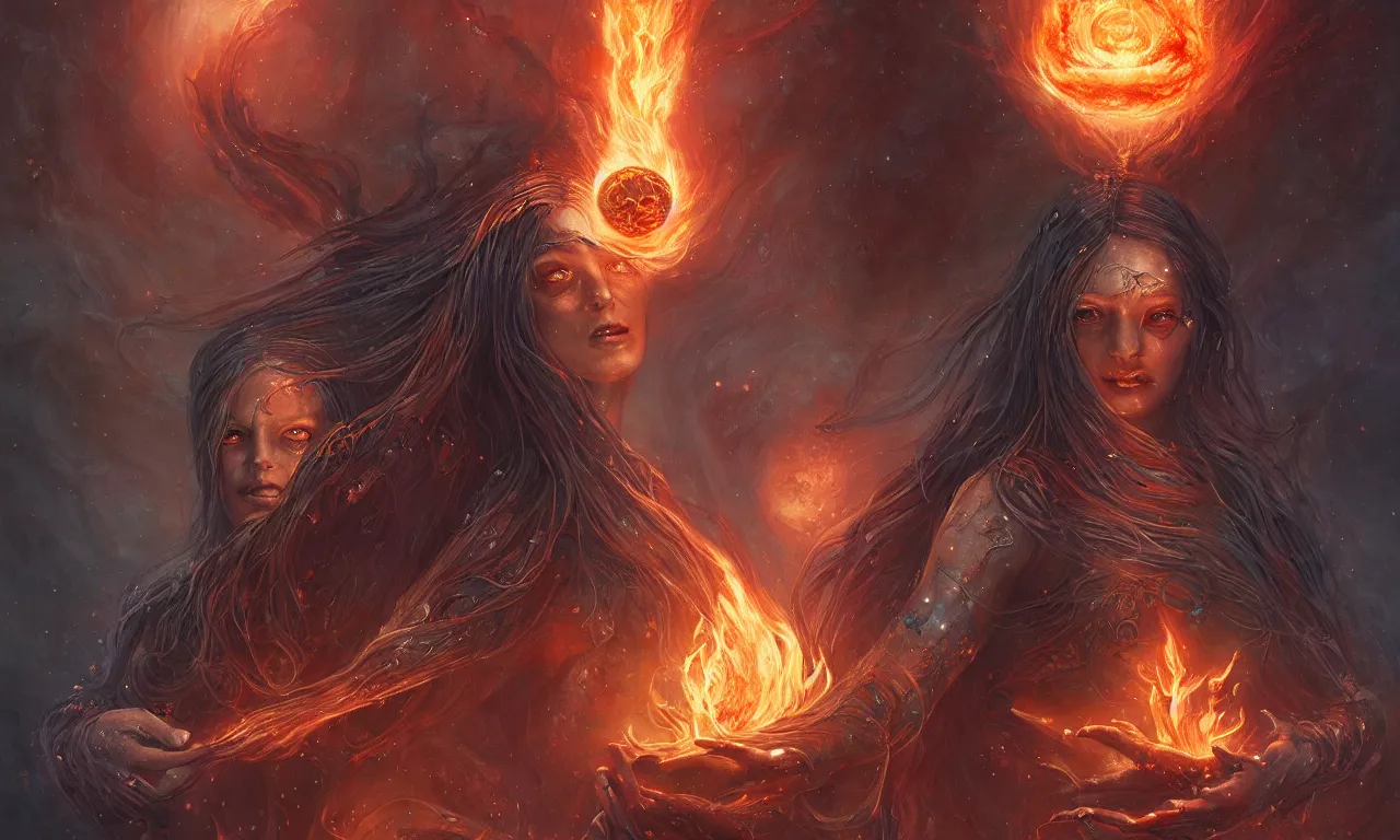 Image similar to Galactic goddess of fire holding the earth in her hands, fantasy, magic, digital illustration by Seb McKinnon and WLOP and ArtGerm, trending on artstation