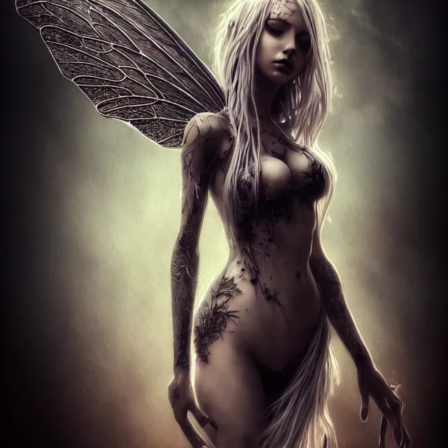 Image similar to full body pose, beautiful adult magical fairy, dirty, grungy, grunge, highly detailed, 4 k, hdr, smooth, sharp focus, high resolution, award - winning photo, artgerm, photorealistic