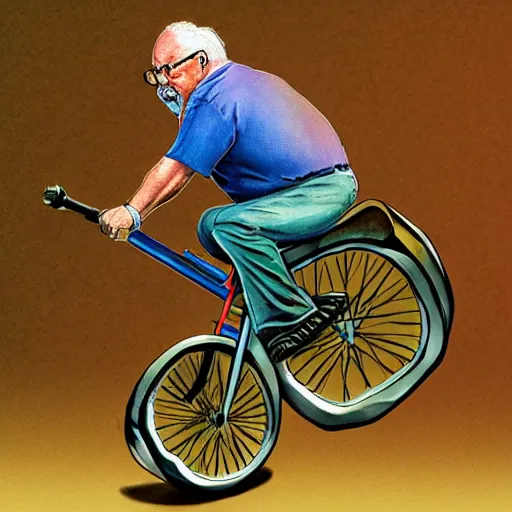 Image similar to wilford brimley riding a unicycle, concept art, vivid colors,