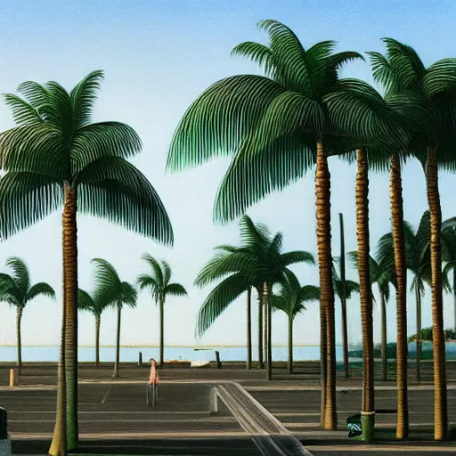 Image similar to vaporwave palm trees, Gertrude Abercrombie, highly detailed, masterpiece, trending on ArtStation, ultra realistic