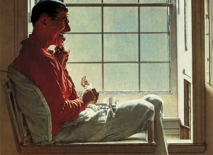 Image similar to a laughing man sitting by the window, a slim woman in the background, norman rockwell