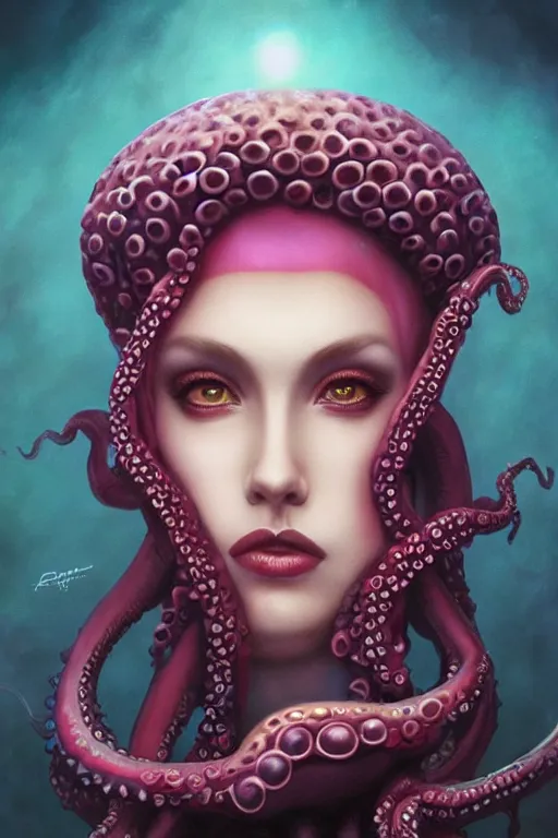 Image similar to portrait of an elegant alien octopus woman queen, straight on portrait, by artgerm, tom bagshaw, gerald brom, vaporwave colors, lo - fi colors, vaporwave, lo - fi, moody vibe, goth vibe, 4 k, hd,