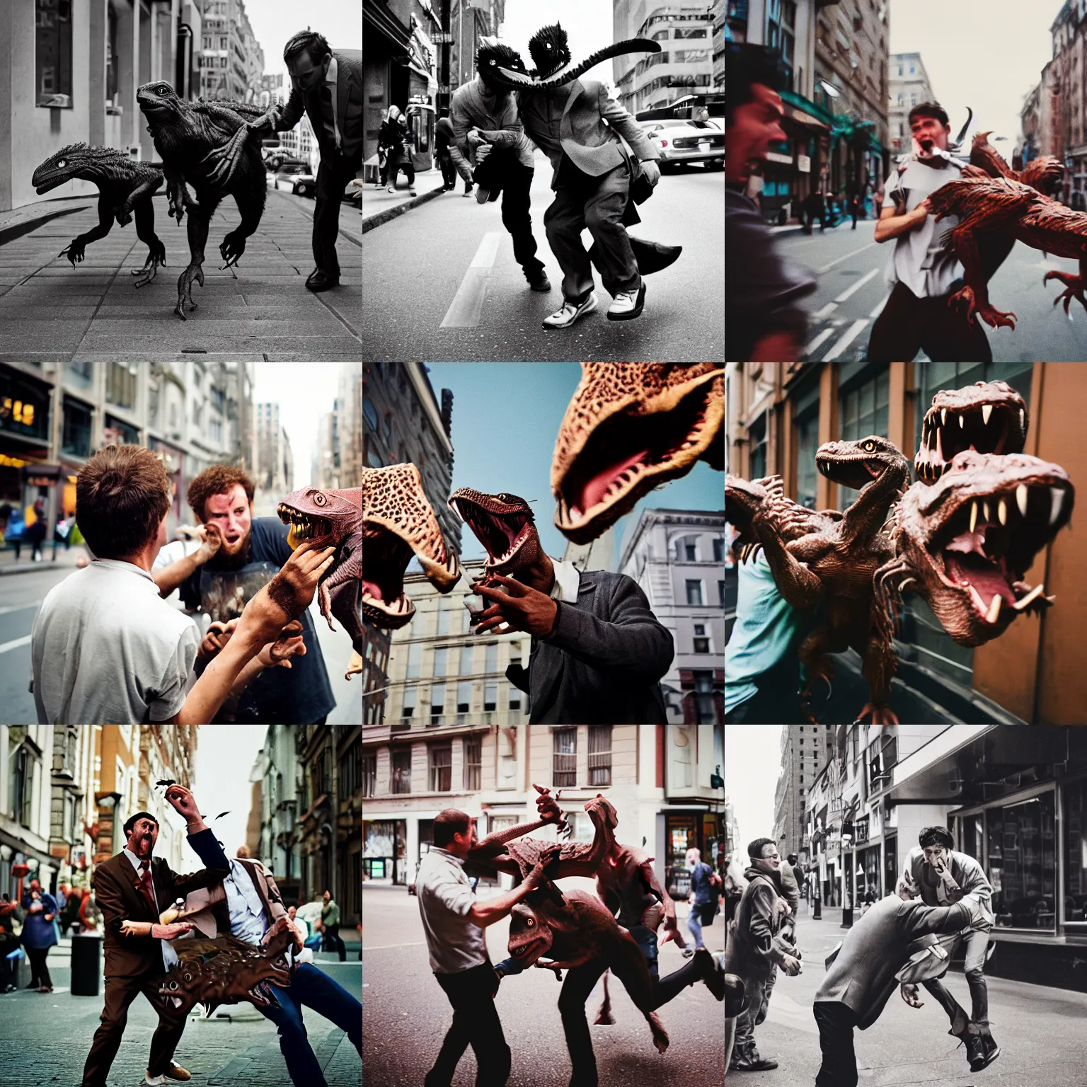 Prompt: velociraptors attacking a man with chocolate, street photography, 3 5 m lens, film still, dramatic, shocking