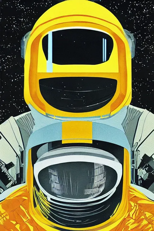 Prompt: poster art, movie poster, retrofuturism, sci - fi, textured, paper texture, 2 0 0 1 : a space odyssey by edward valigursky, yellow space suit