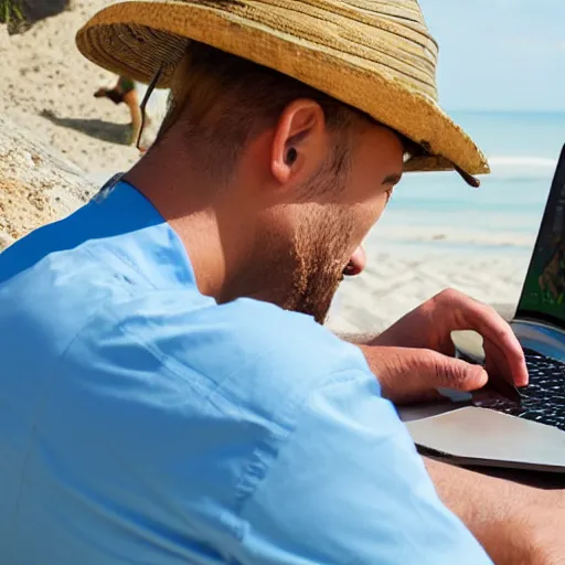 Prompt: man working on laptop at sunny beach, by ilya kuvshinnikov, perfect face, fine details