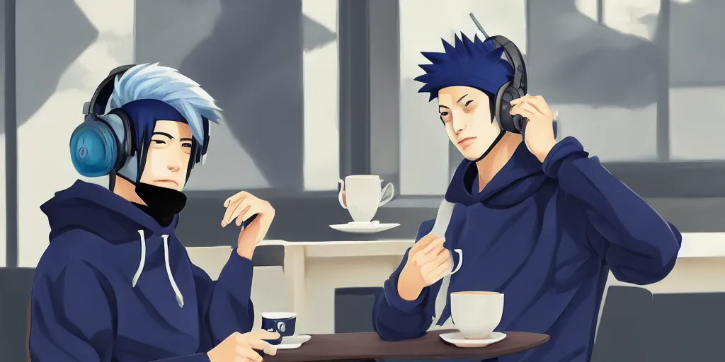 Prompt: kakashi hatake wearing headphones and a navy blue hoody having tea at a tea shop in toyko, aesthetic, digital painting, artstation, high res, 4 k