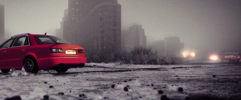 Image similar to Audi A4 B6 Avant (2002), a gritty neo-noir, dramatic lighting, cinematic, eerie person, death, homicide, homicide in the snow, gunshots, establishing shot, extremely high detail, photorealistic, red mist, red fog, chaos, arson, burning city, cinematic lighting, artstation, by simon stalenhag, Max Payne (PC) (2001) winter New York at night, In the style of Max Payne 1 graphic novel, flashing lights, Poets of the Fall - Late Goodbye